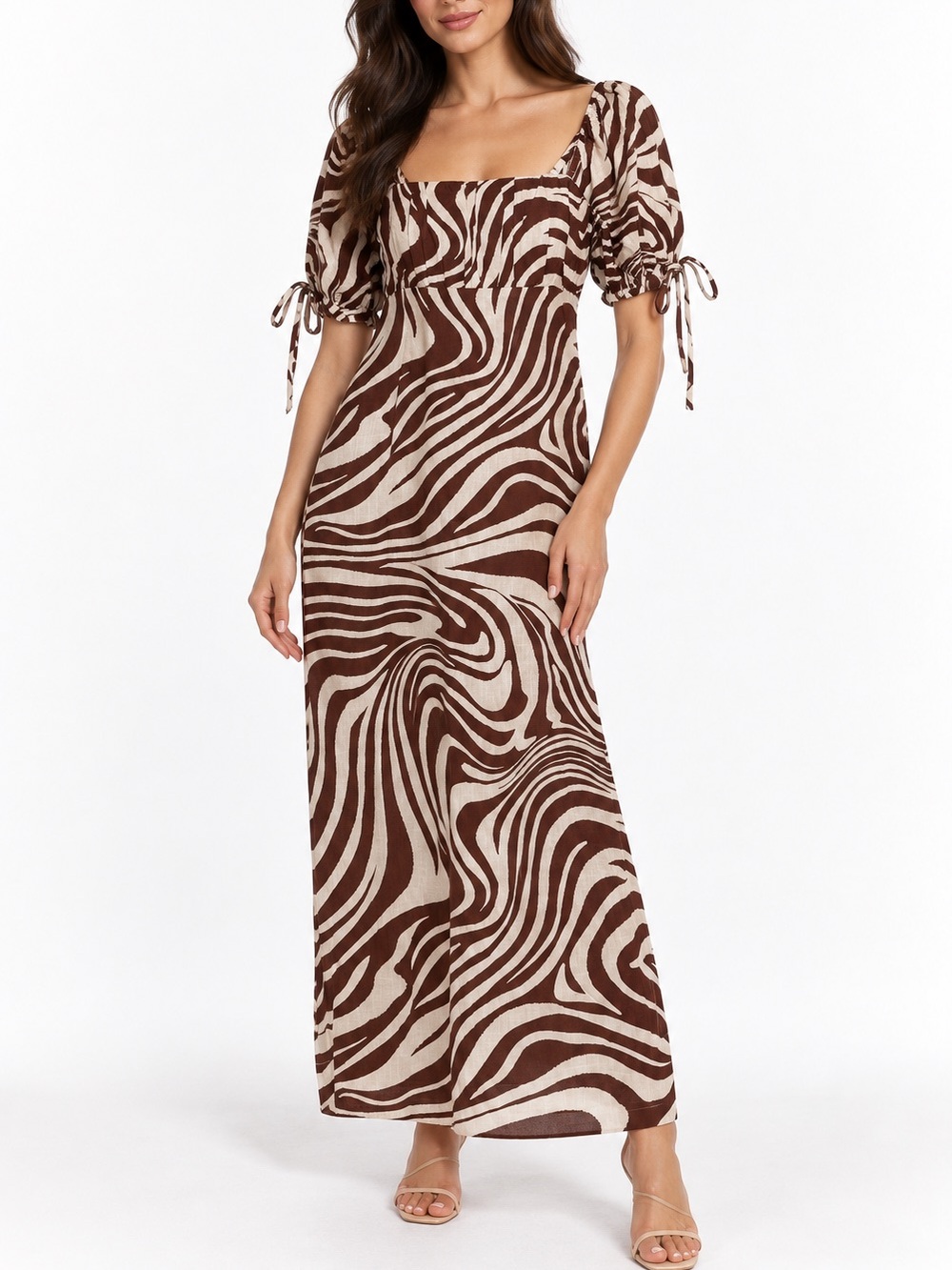Nobodys Child Heidi Brown Swirl Linen Blend Midi Dress Puff Sleeve Cottagecore 4